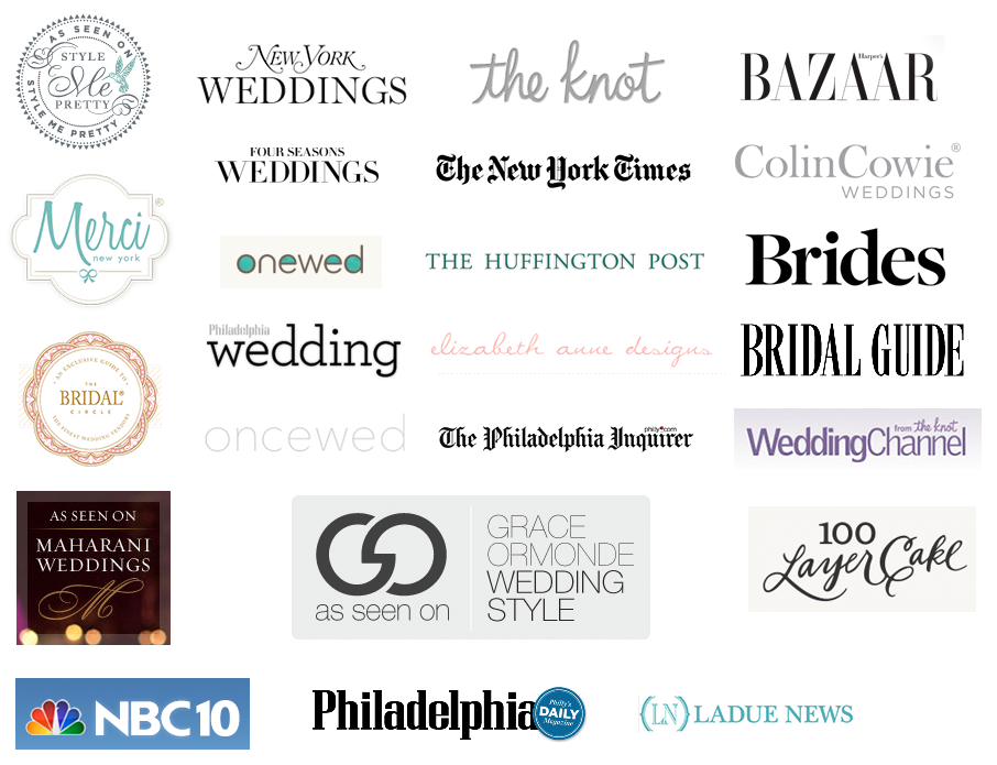 Press, Style Me Pretty, New York Weddings Magazine, The Knot, Brides, New York Times, Grace Ormonde, Wedding Channel, Huffington Post, Philadelphia Wedding, 100 Layer Cake, OneWed
